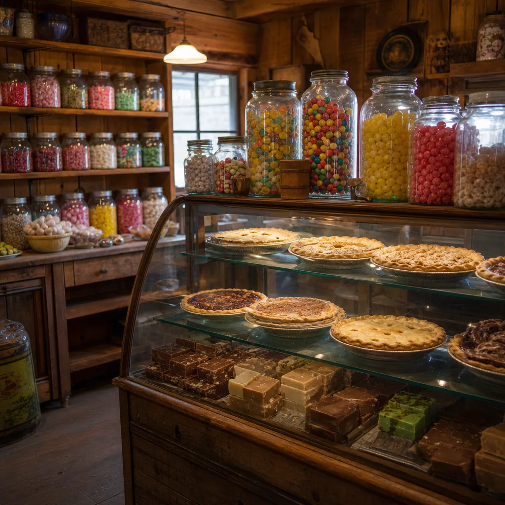 Jars of nostalgic candies and a case of handmade fudge inside the Candy Store