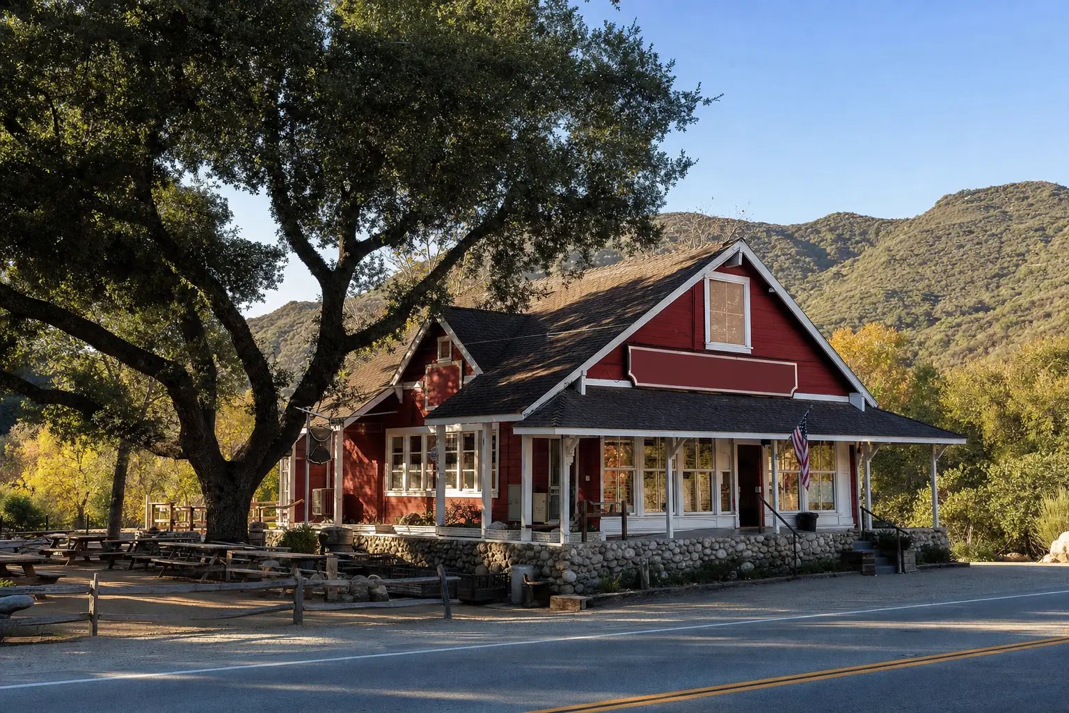 The historic red cottage candy store at the entrance to Ortega Oaks on the Ortega Highway