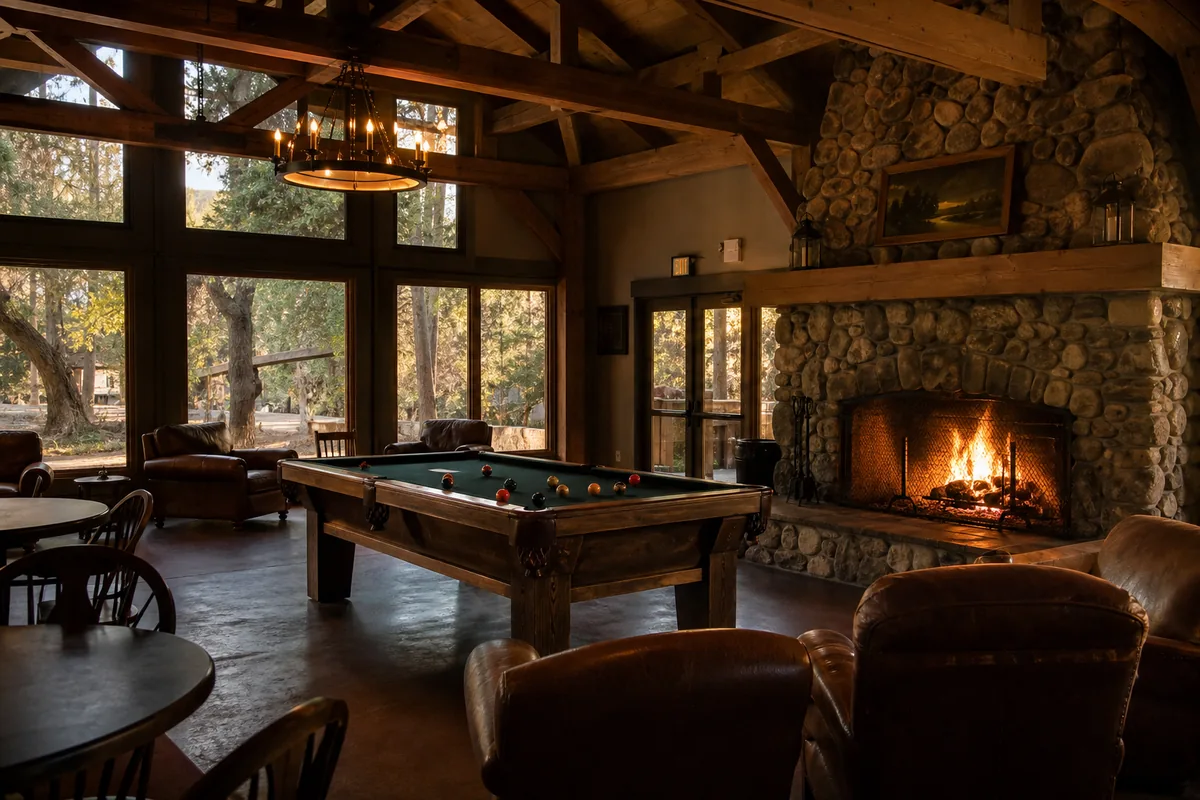 The clubhouse interior with a stone fireplace and billiards table