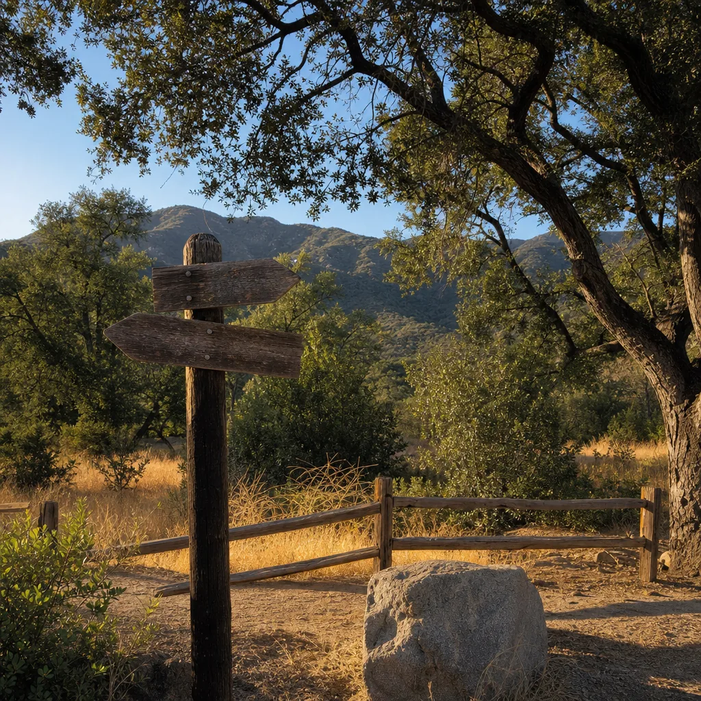 A wooden trail signpost in golden grass at the edge of the campground